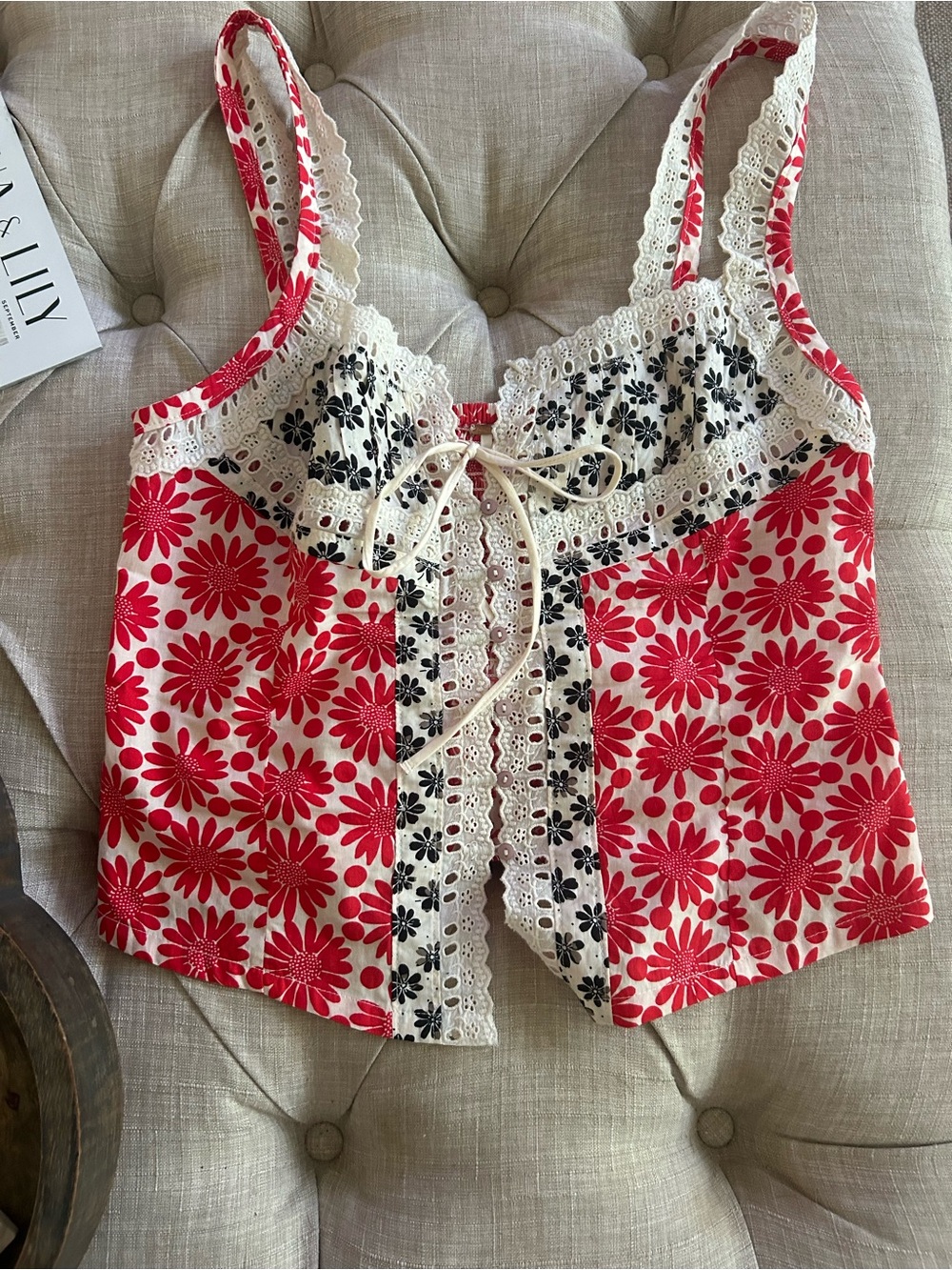 Floral Lace-Trim Red & Black Women's Tank Top